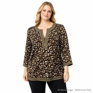 Michael Kors Leopard Print Tunic Blouse Medium Embellished Neckline